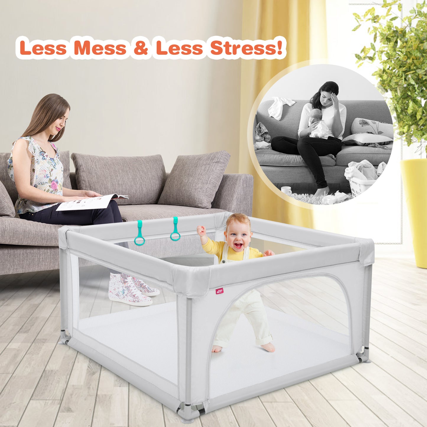 Baby Playpen Safety Activity Fence with 50 Ocean Balls for Toddlers-Grey