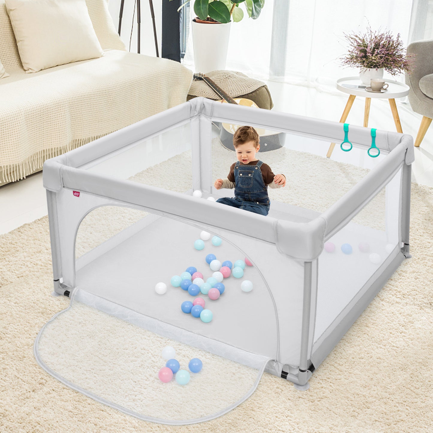 Baby Playpen Safety Activity Fence with 50 Ocean Balls for Toddlers-Grey