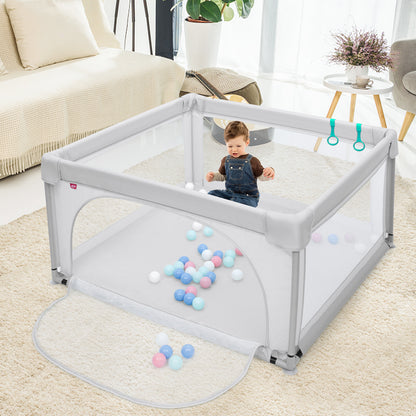 Baby Playpen Safety Activity Fence with 50 Ocean Balls for Toddlers-Grey