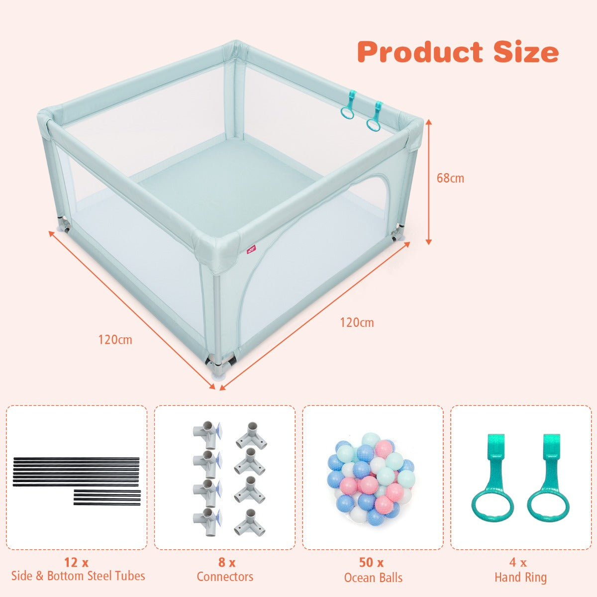 Baby Playpen Safety Activity Fence with 50 Ocean Balls for Toddlers-Blue