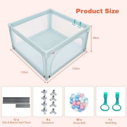 Baby Playpen Safety Activity Fence with 50 Ocean Balls for Toddlers-Blue