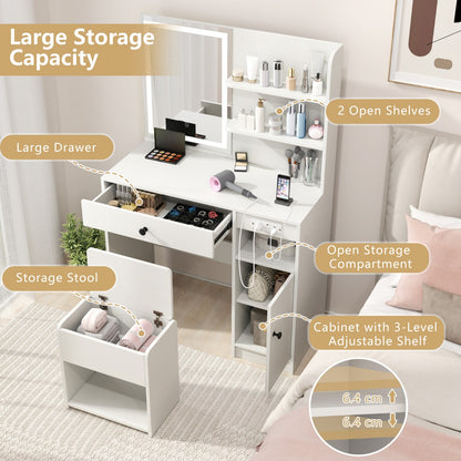 Vanity Desk with Cushioned Storage Stool and 3 Lighting Modes for Bedroom-White