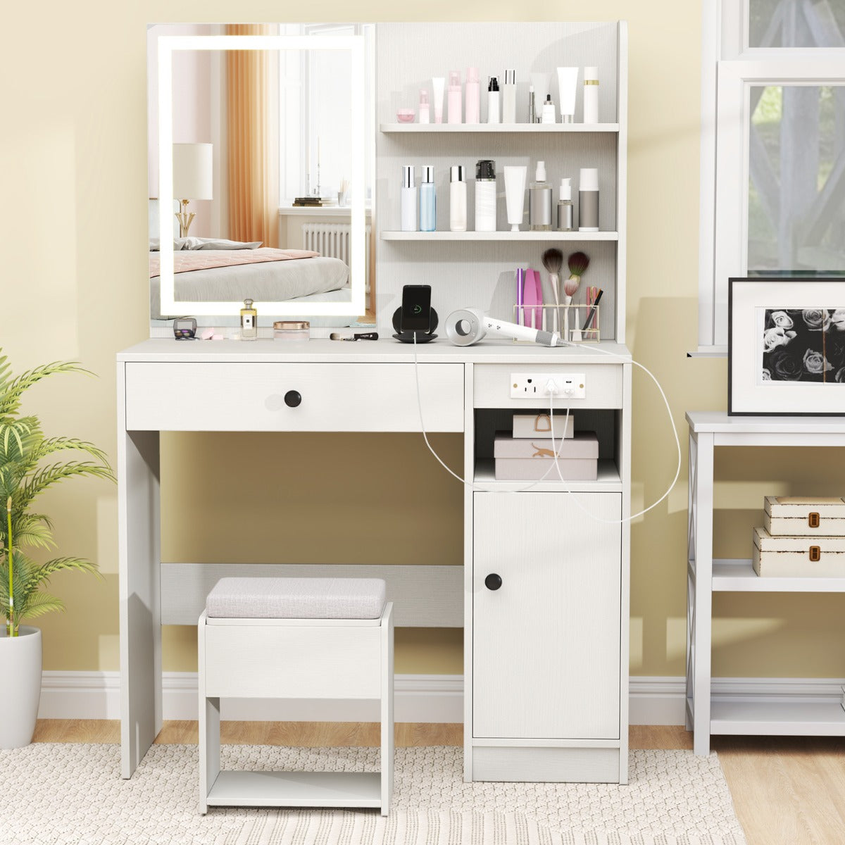 Vanity Desk with Cushioned Storage Stool and 3 Lighting Modes for Bedroom-White