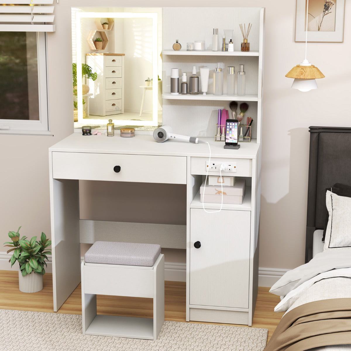 Vanity Desk with Cushioned Storage Stool and 3 Lighting Modes for Bedroom-White