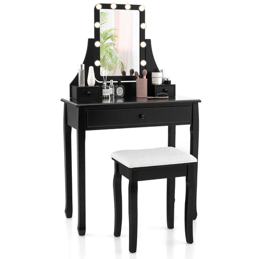 Costway Vanity Set with Lighted Mirror and 10 LED Dimmable Bulbs-Black