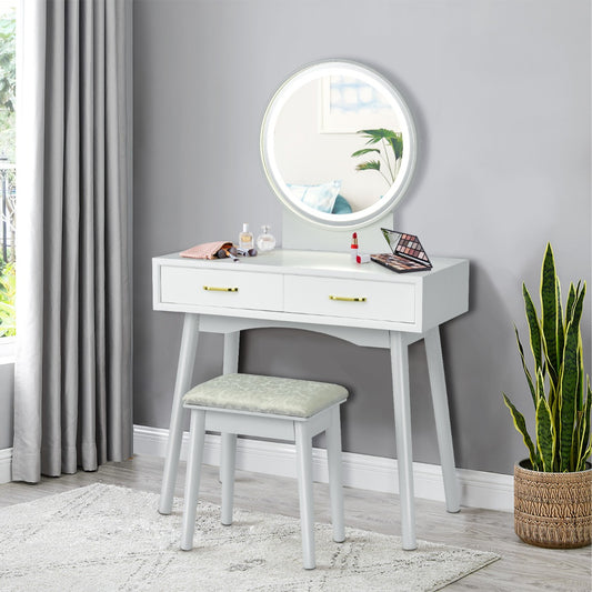 Vanity Set with Rounded and Lighted Mirror in 3 Light Colors-White