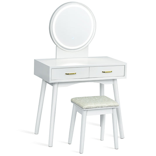 Vanity Set with Rounded and Lighted Mirror in 3 Light Colors-White