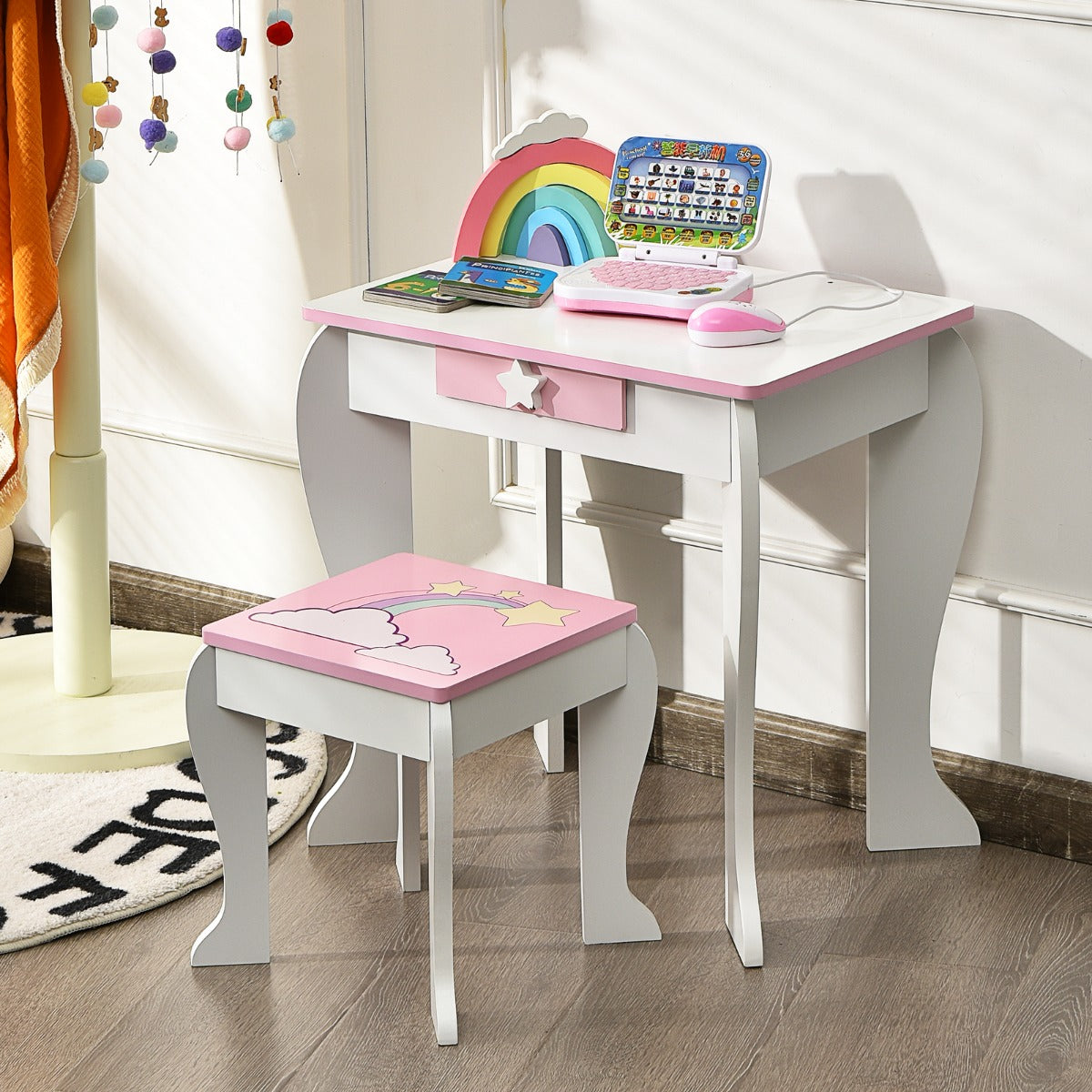 Comfortable matching stool supports kids during dress-up, reading, studying, or imaginative play