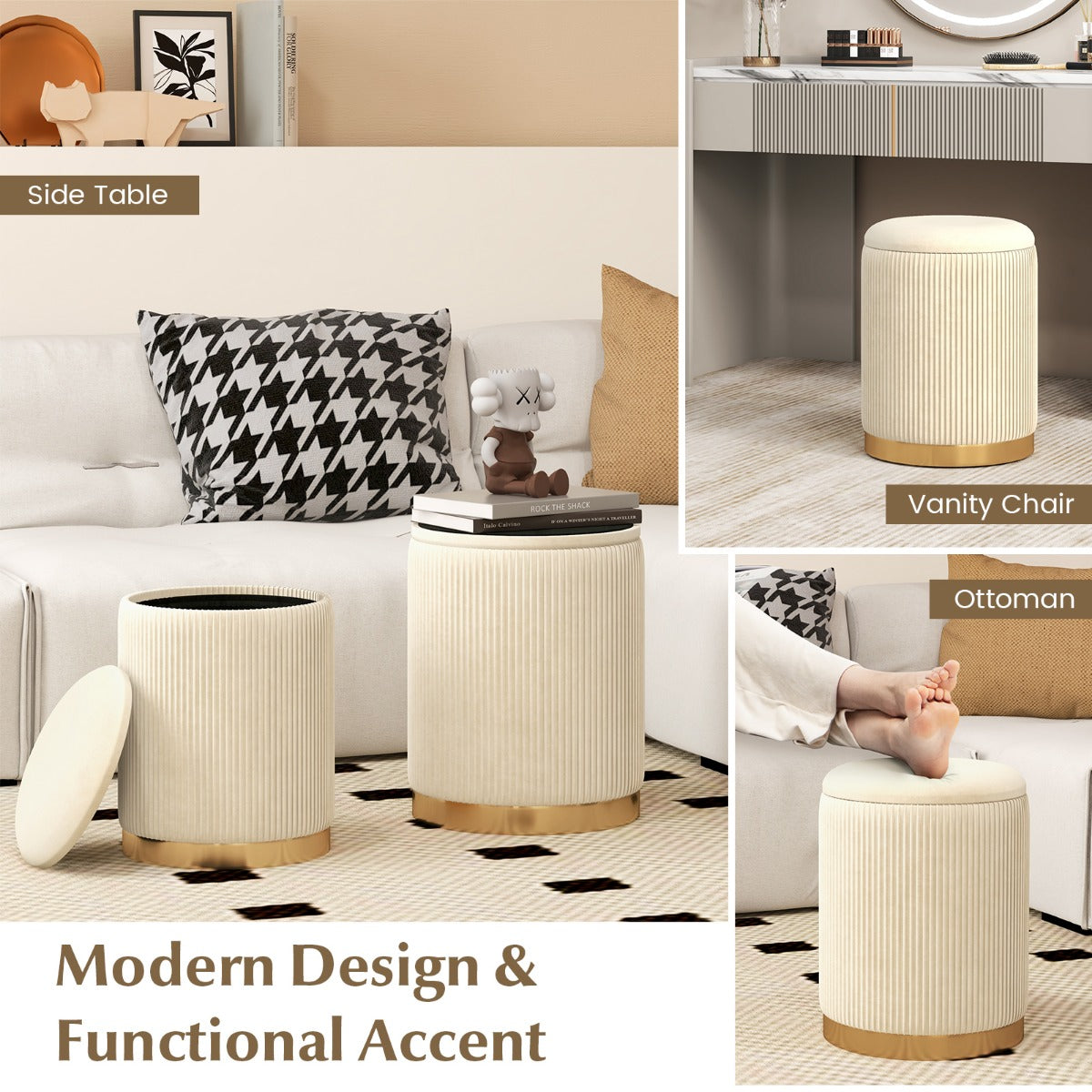 Velvet Storage Ottoman Set of 2 with Storage and Gold Stainless Steel Hoop