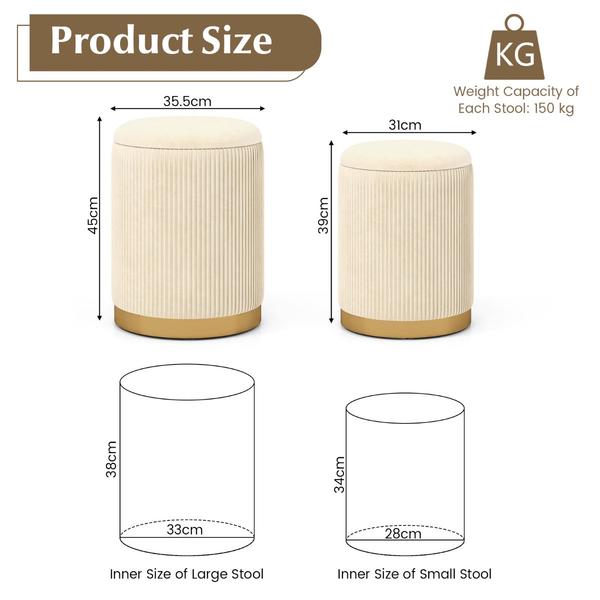 Velvet Storage Ottoman Set of 2 with Storage and Gold Stainless Steel Hoop