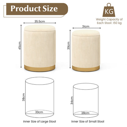 Velvet Storage Ottoman Set of 2 with Storage and Gold Stainless Steel Hoop