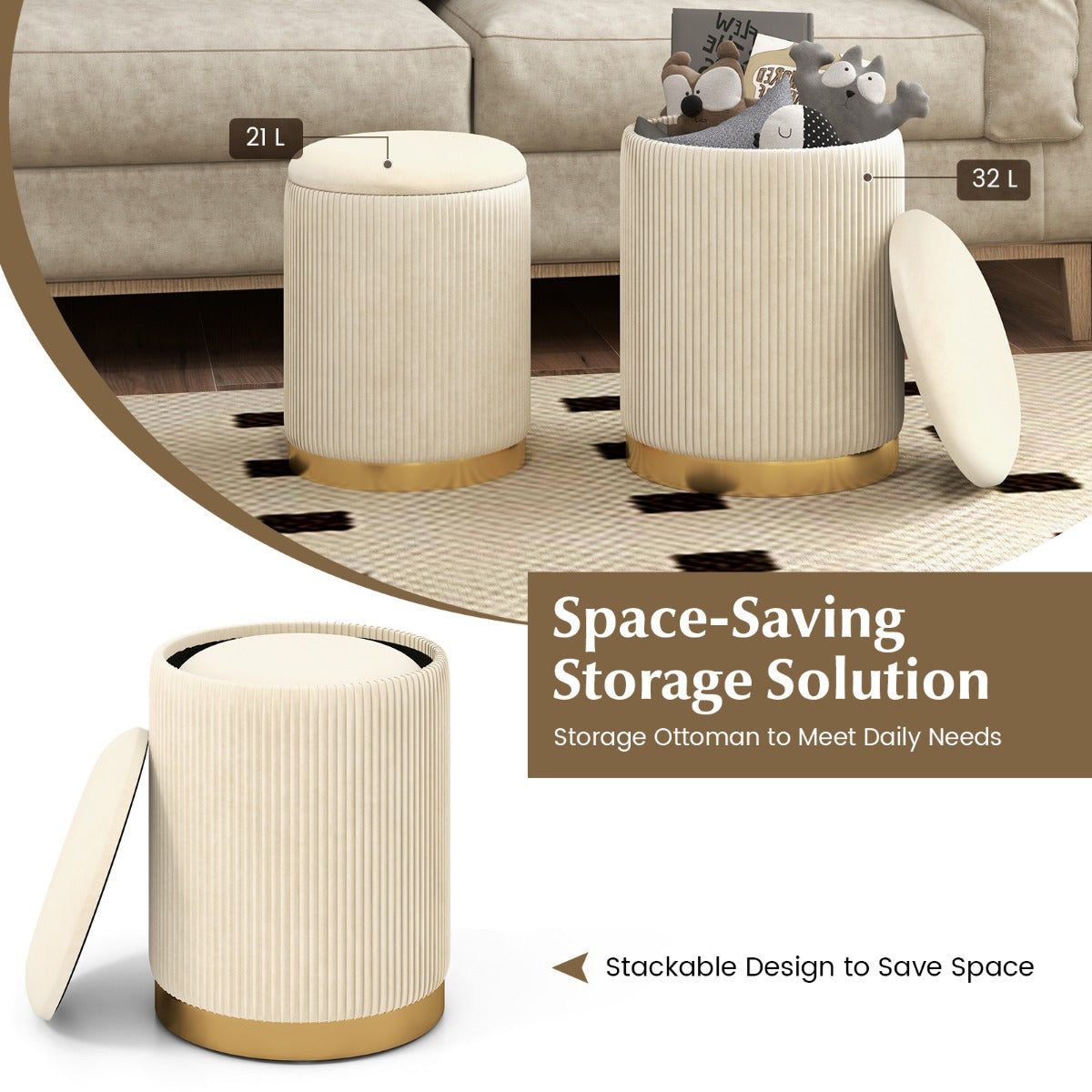 Velvet Storage Ottoman Set of 2 with Storage and Gold Stainless Steel Hoop