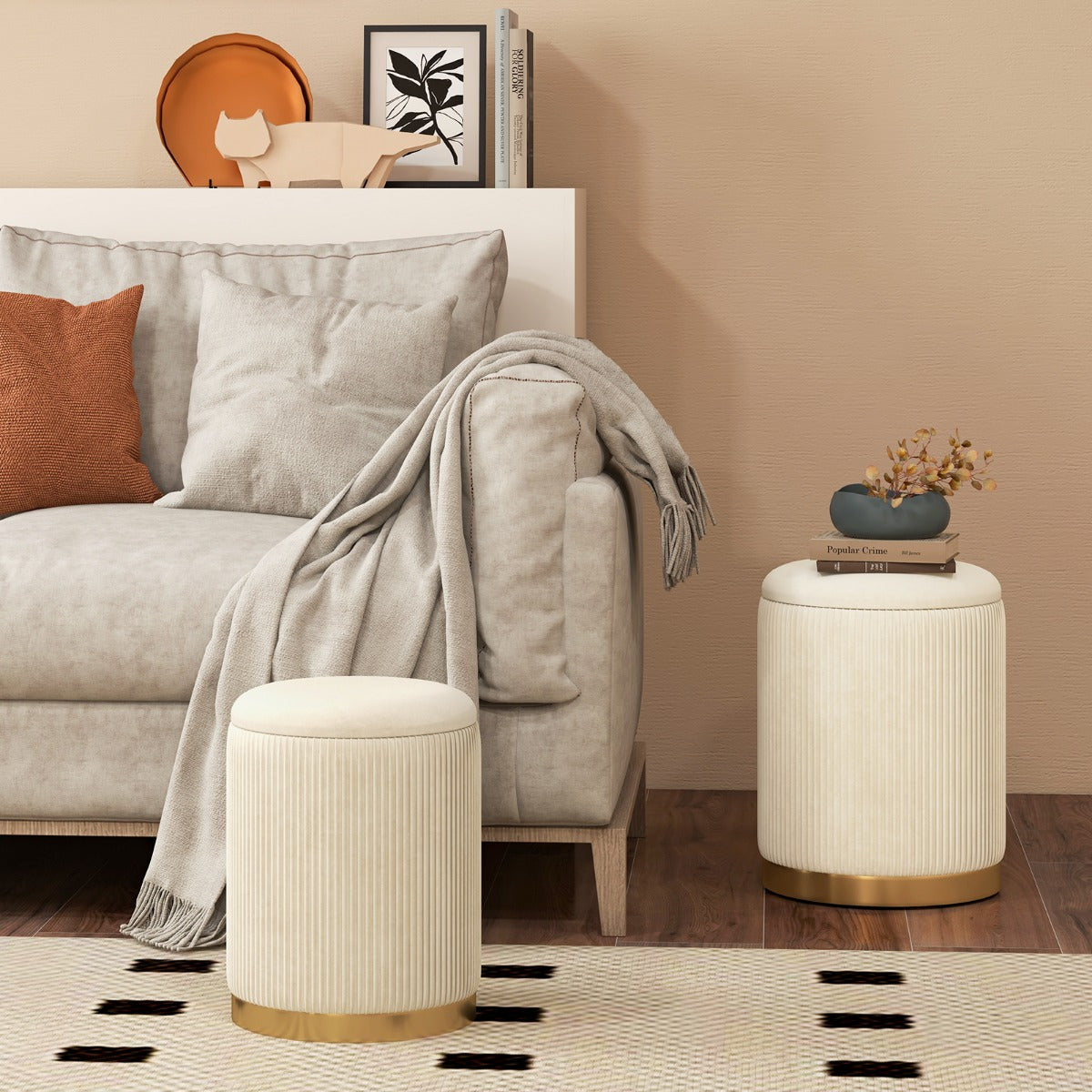 Velvet Storage Ottoman Set of 2 with Storage and Gold Stainless Steel Hoop