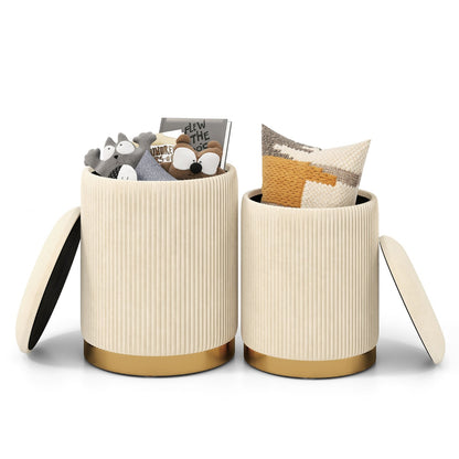 Velvet Storage Ottoman Set of 2 with Storage and Gold Stainless Steel Hoop
