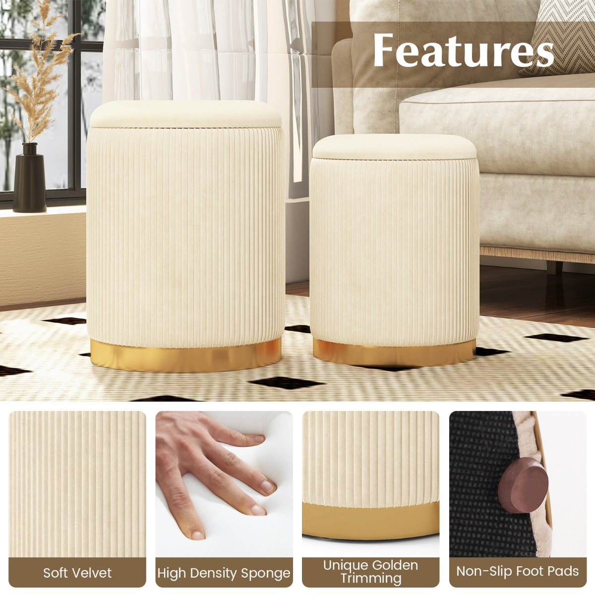 Velvet Storage Ottoman Set of 2 with Storage and Gold Stainless Steel Hoop