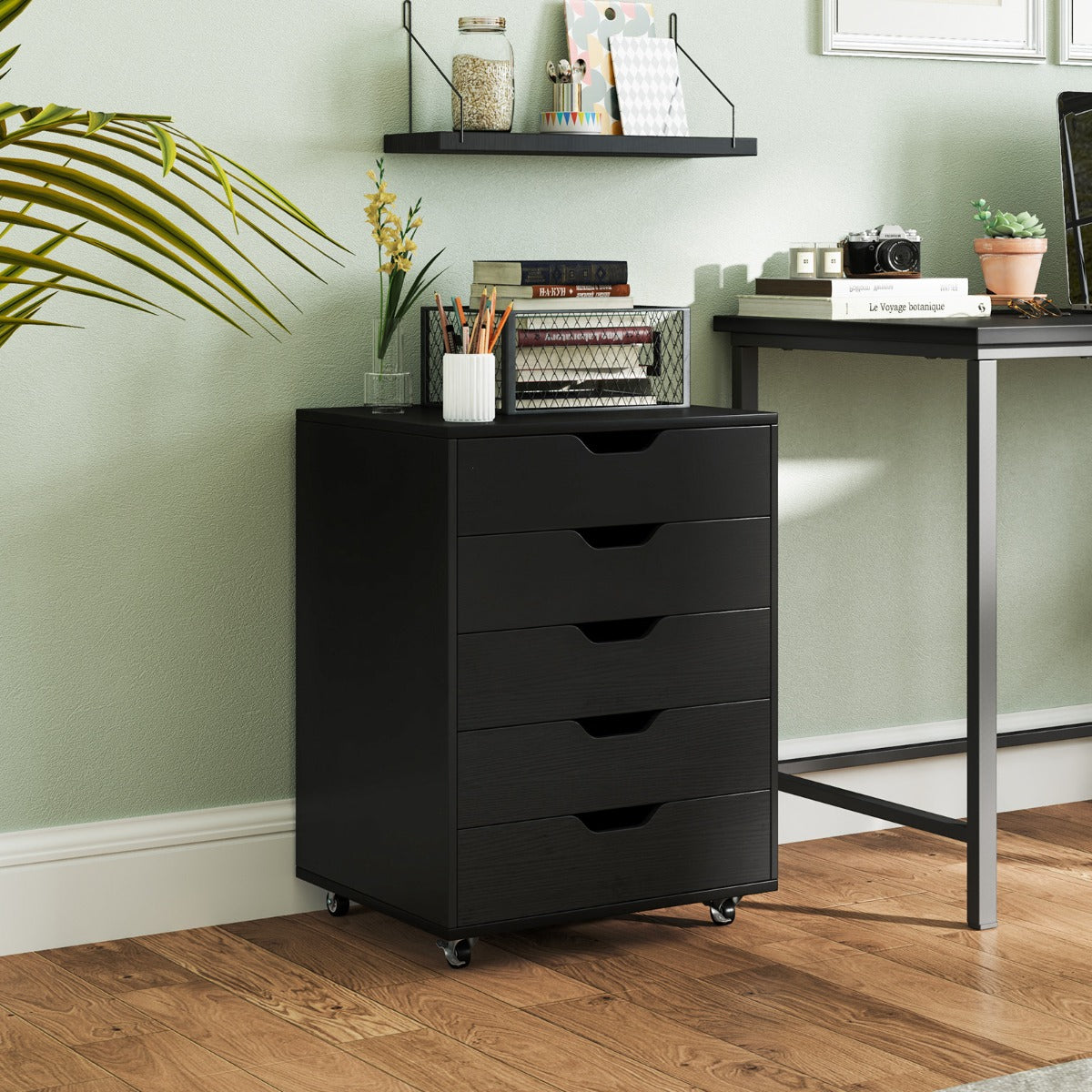 Versatile Storage Cabinet with Wheels for Home Office-Black
