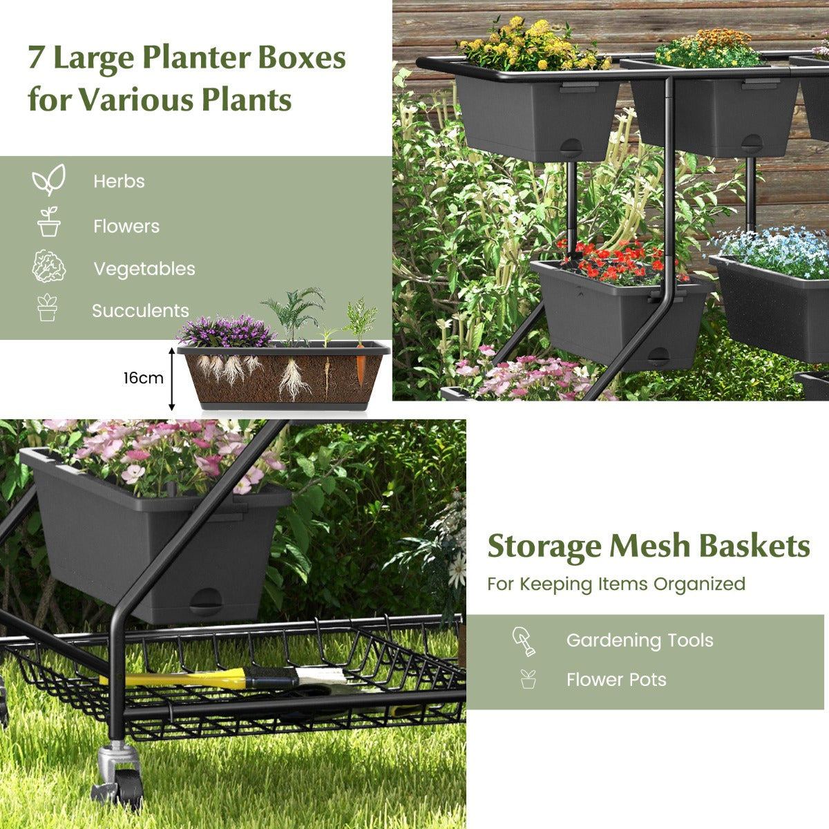 Compact 100 by 56 by 99 centimeter planter stand helps maximize growing space in small areas