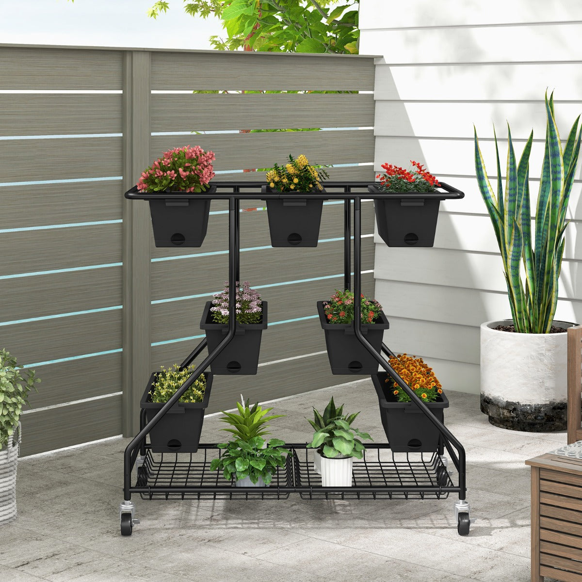 Two detachable storage baskets provide convenient space for gardening tools and flower pots