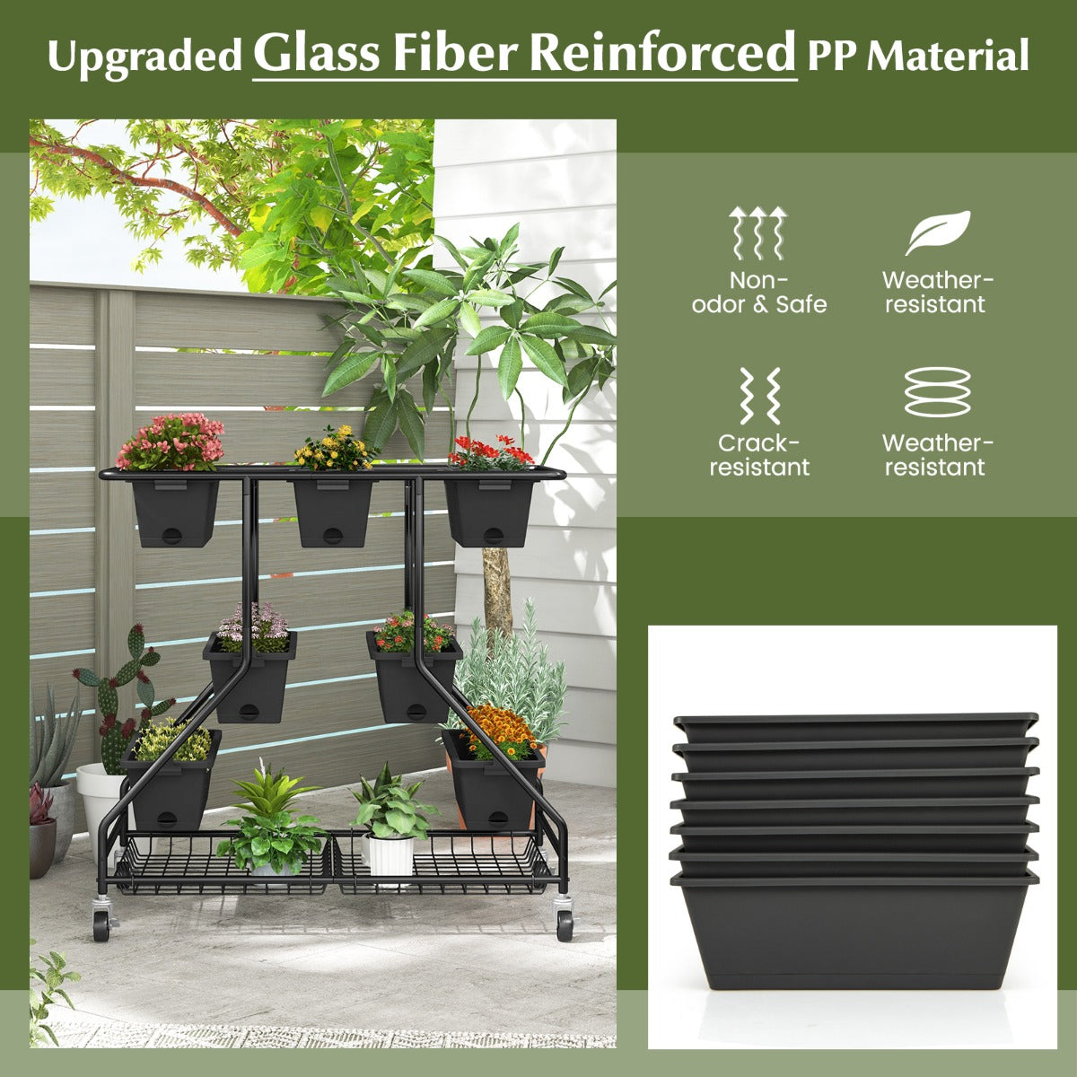 Seven individual planter boxes create a compact layered garden for growing different plants together