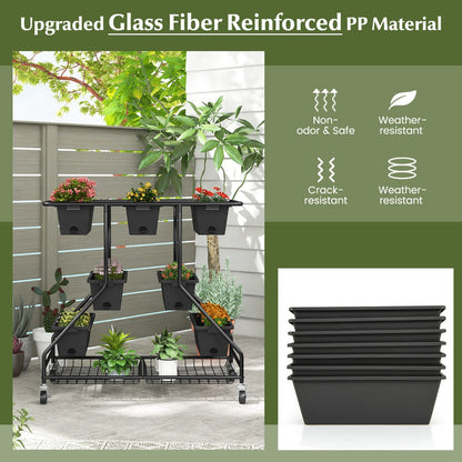Seven individual planter boxes create a compact layered garden for growing different plants together