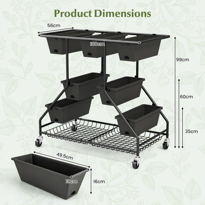 Vertical raised garden bed with seven planter boxes provides space for flowers, herbs, vegetables, and succulents
