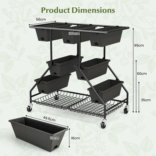 Vertical raised garden bed with seven planter boxes provides space for flowers, herbs, vegetables, and succulents