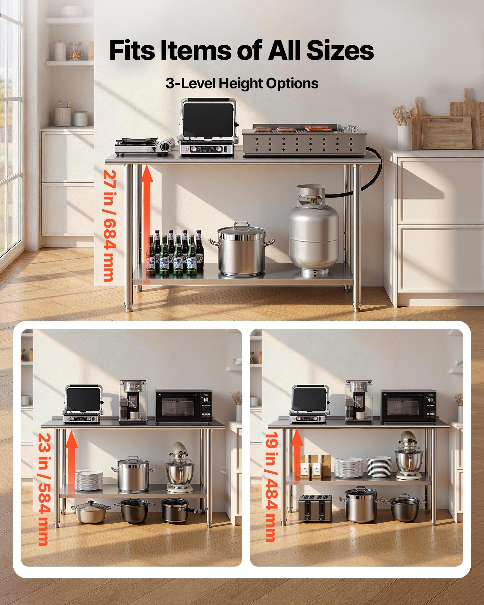 VEVOR stainless steel work table showing 3-level adjustable undershelf height options