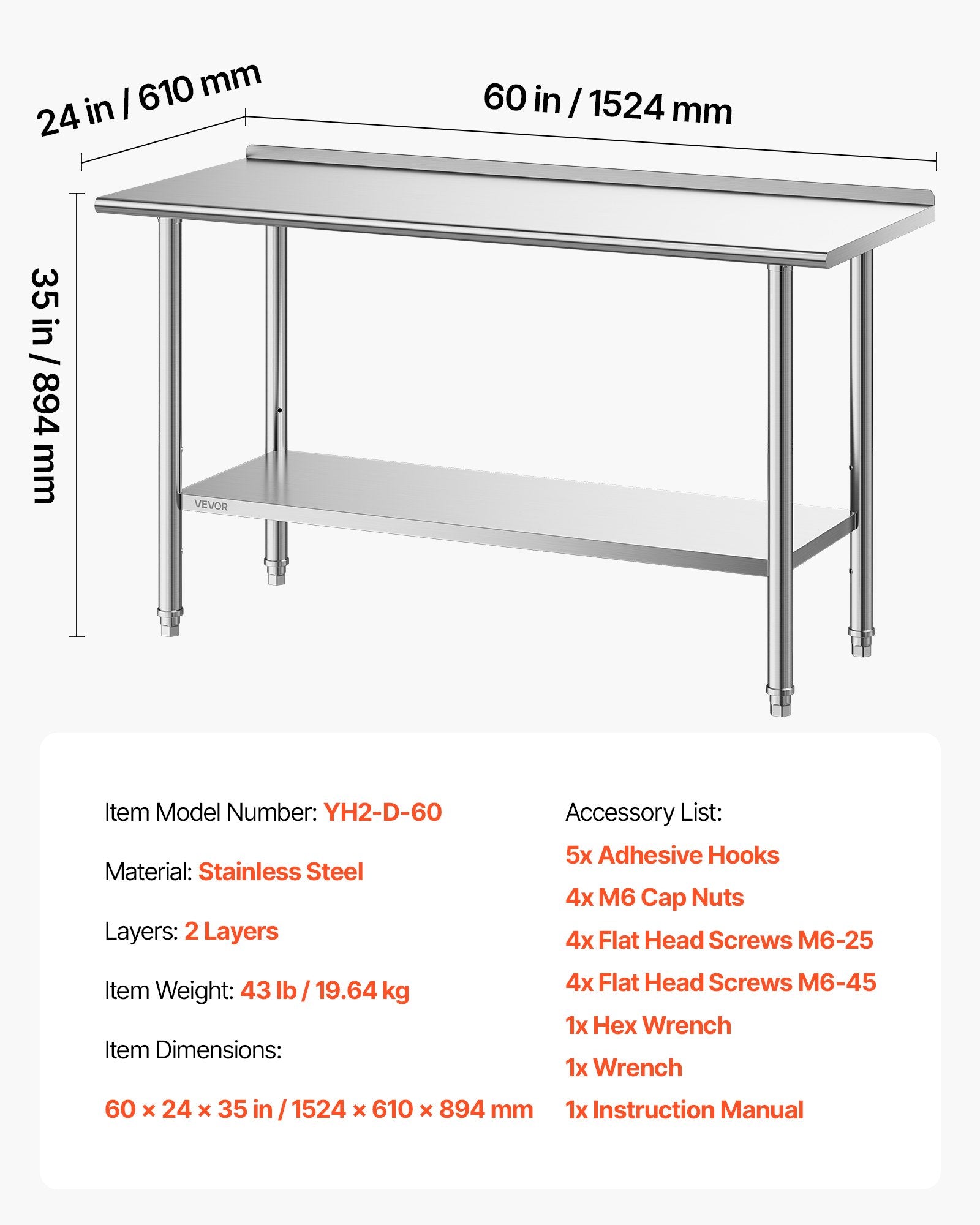VEVOR stainless steel work table showing 60 x 24 x 35 in dimensions and specifications