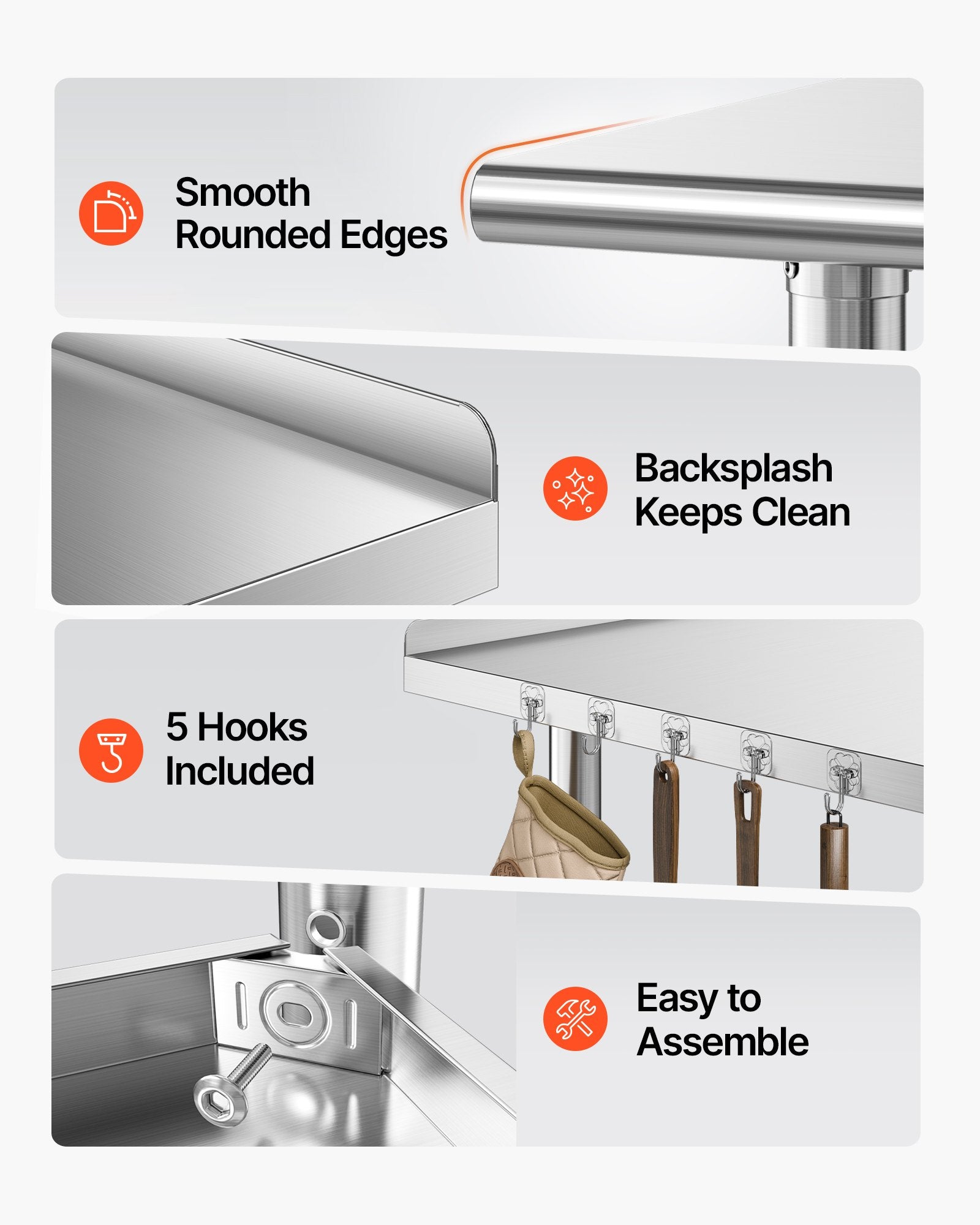 VEVOR stainless steel work table showing rounded edges, backsplash and 5 hooks