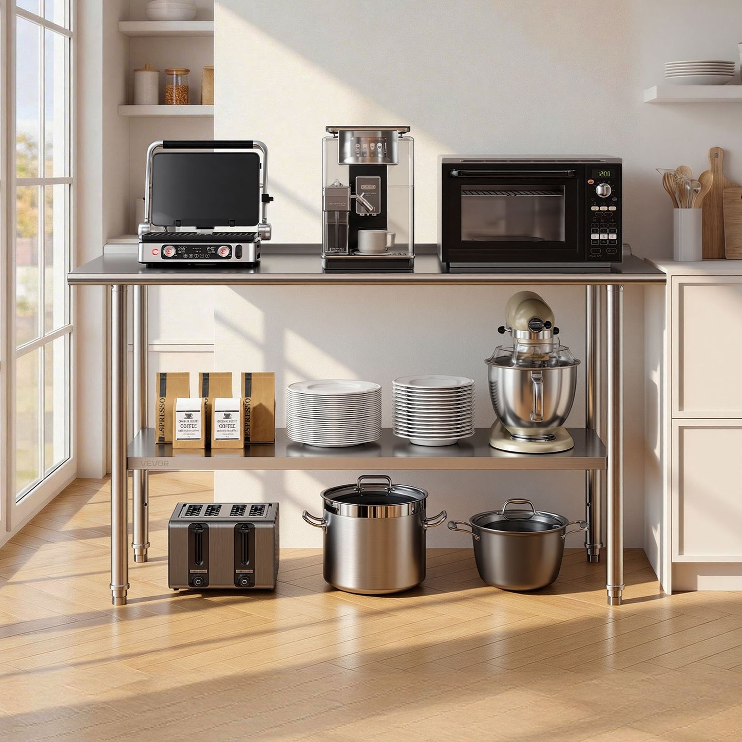 VEVOR stainless steel work table used for kitchen appliances and cookware storage