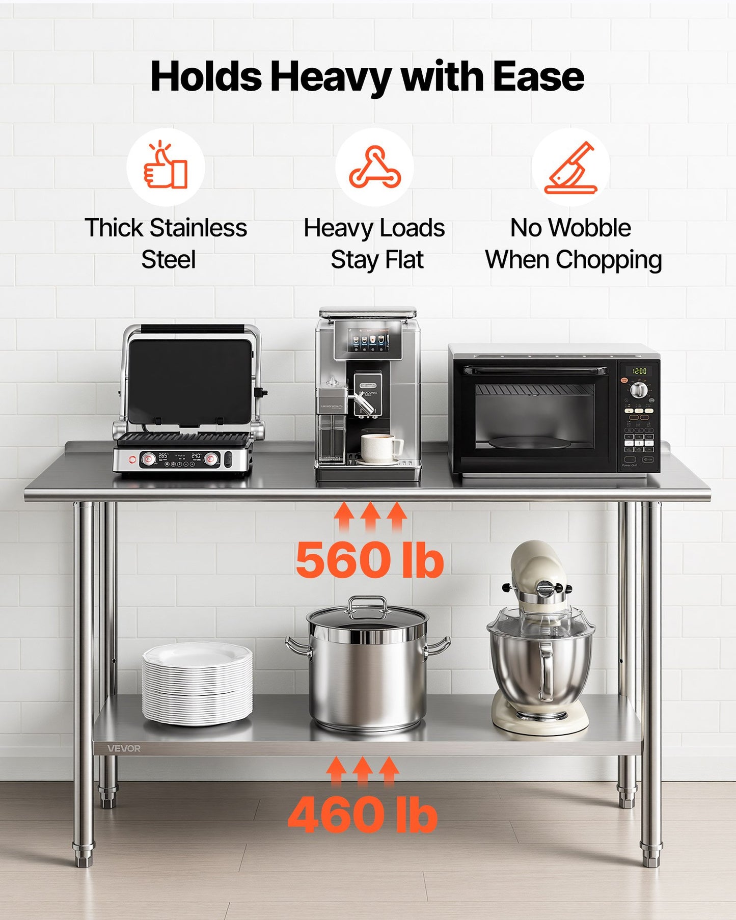 VEVOR stainless steel work table showing 560 lb top shelf and 460 lb lower shelf capacity