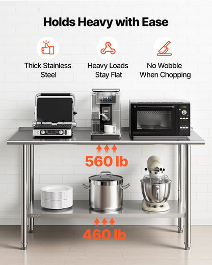 VEVOR stainless steel work table showing 560 lb top shelf and 460 lb lower shelf capacity