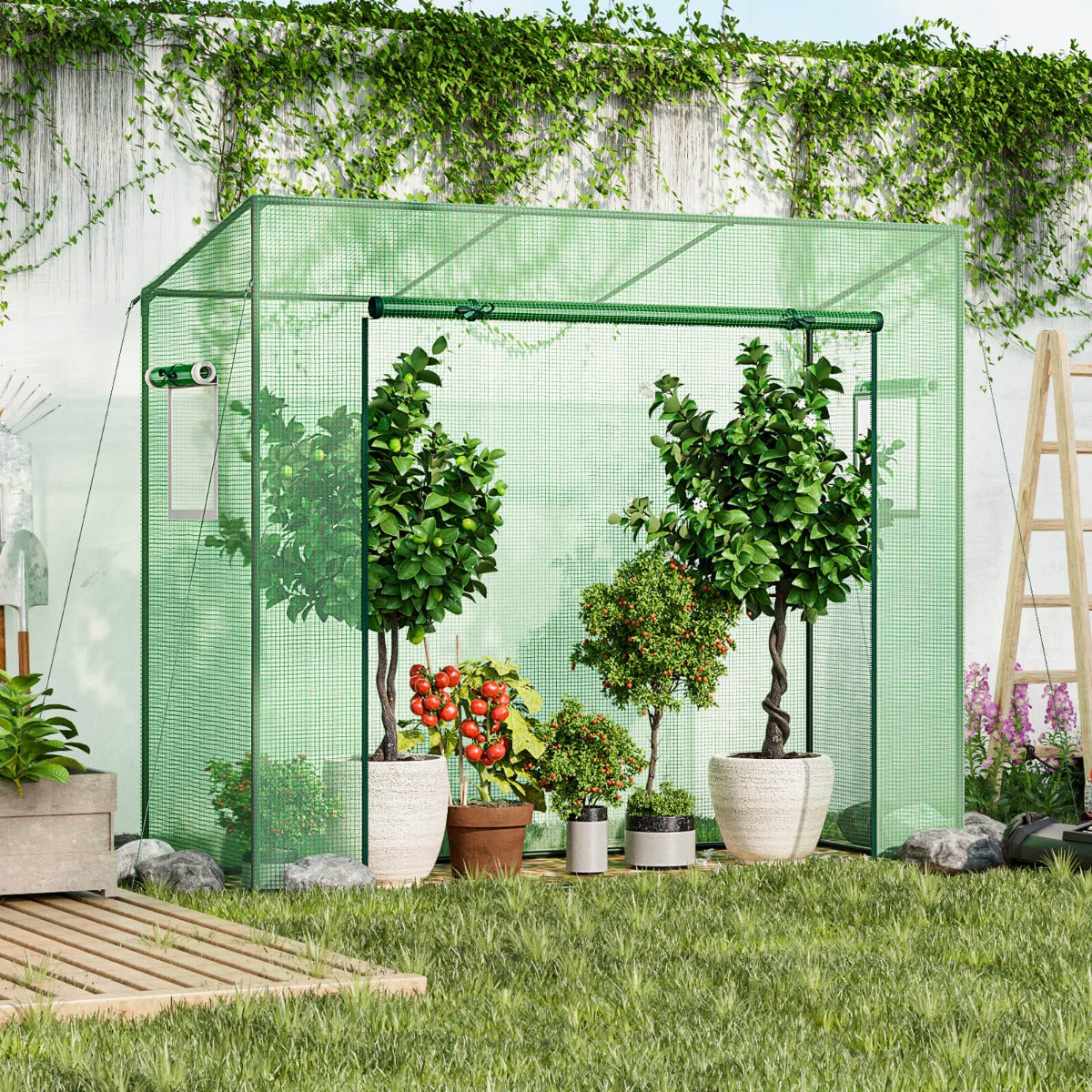 Walk-in Greenhouse with PE Cover and Double-Layer Screen Windows