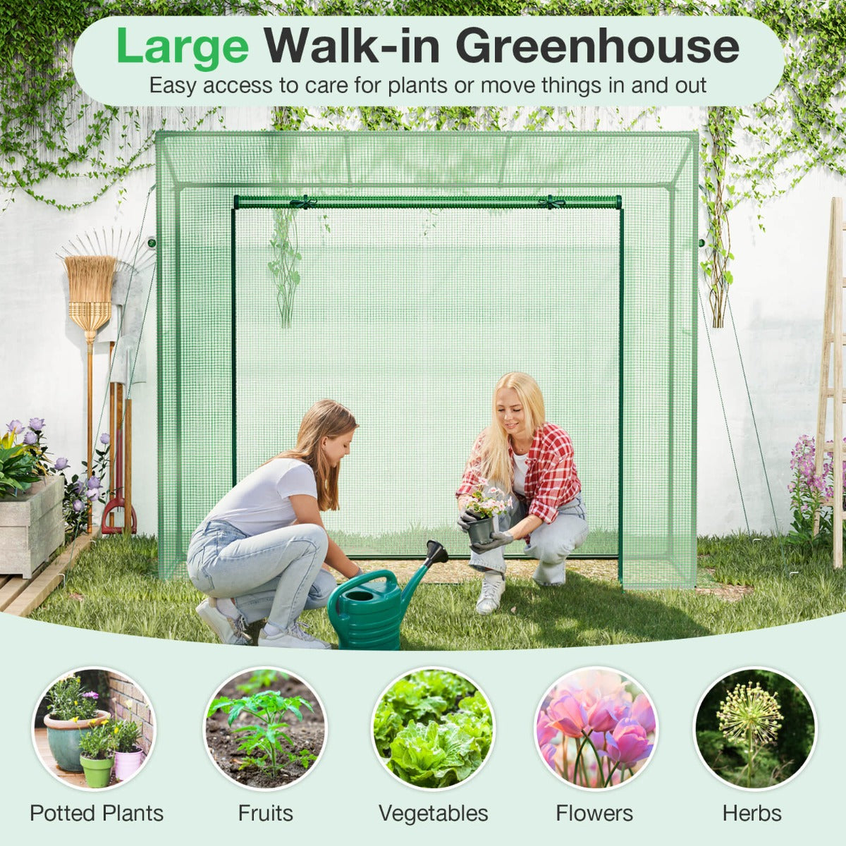 Walk-in Greenhouse with PE Cover and Double-Layer Screen Windows