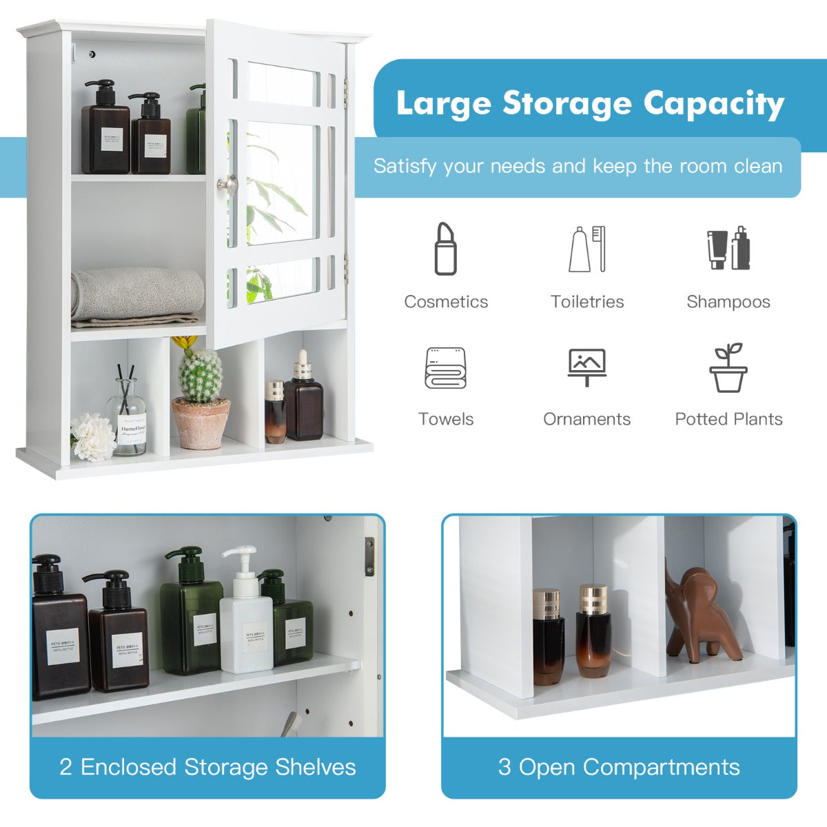 Two interior shelves behind the mirrored door keep clutter hidden and personal items protected