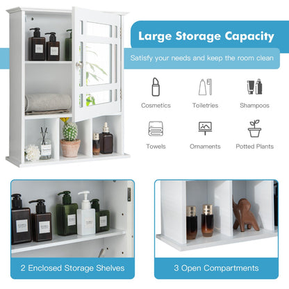 Two interior shelves behind the mirrored door keep clutter hidden and personal items protected