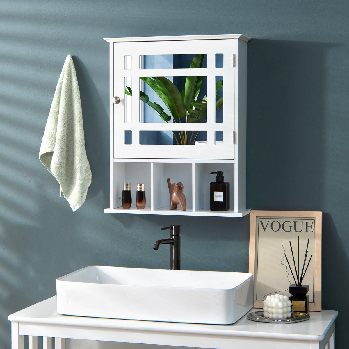 Double mirror doors provide a clear reflection for makeup, skincare, shaving, and daily routines