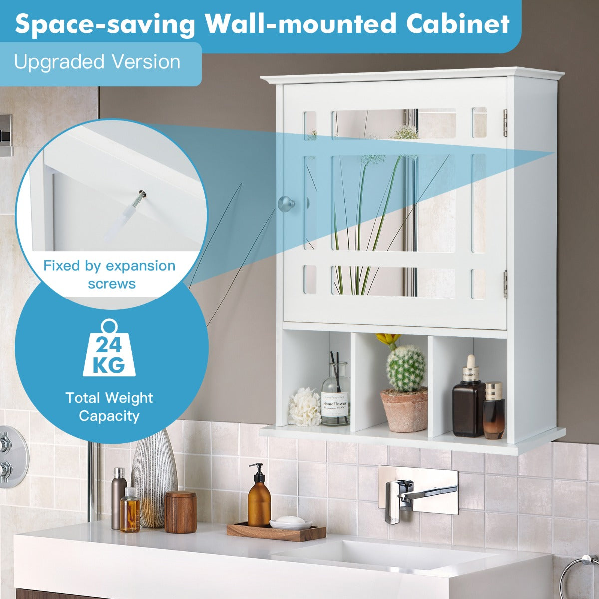 Round knob and magnetic catch make opening and closing the bathroom cabinet quick and easy
