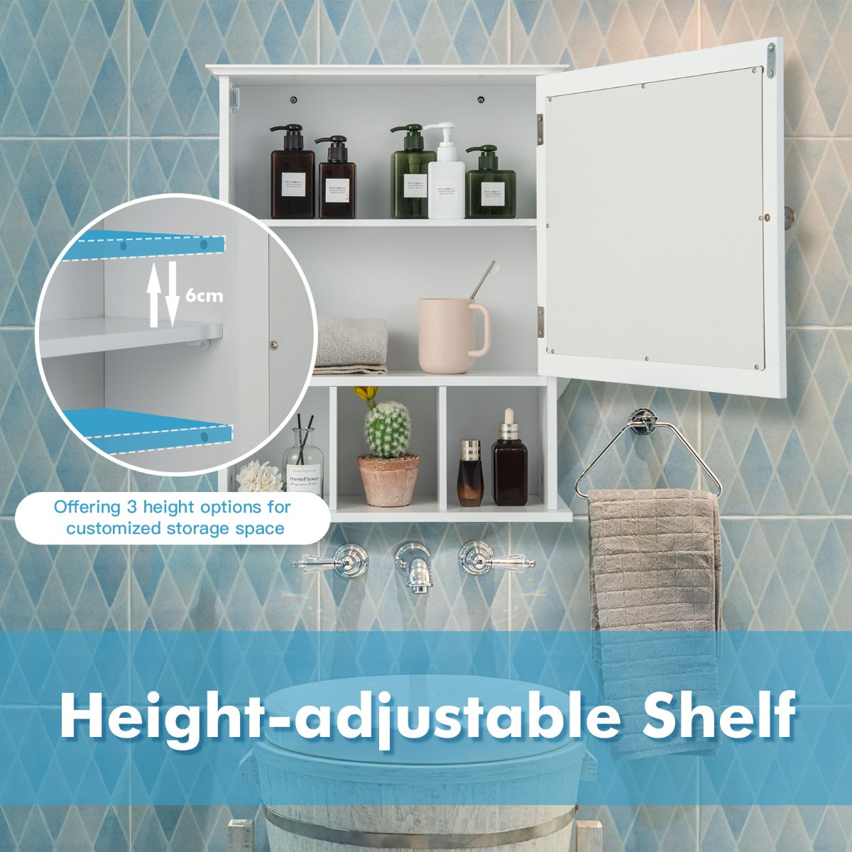 White mirrored storage cabinet suits bathrooms, kitchens, living rooms, entryways, and small spaces