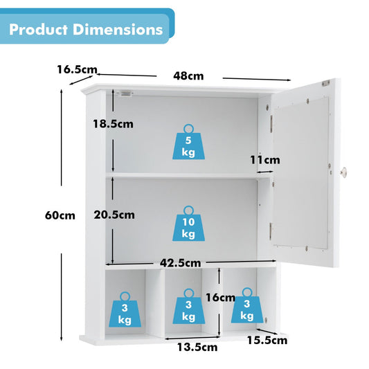 Wall-mounted bathroom cabinet with mirror offers open compartments and enclosed storage for small spaces