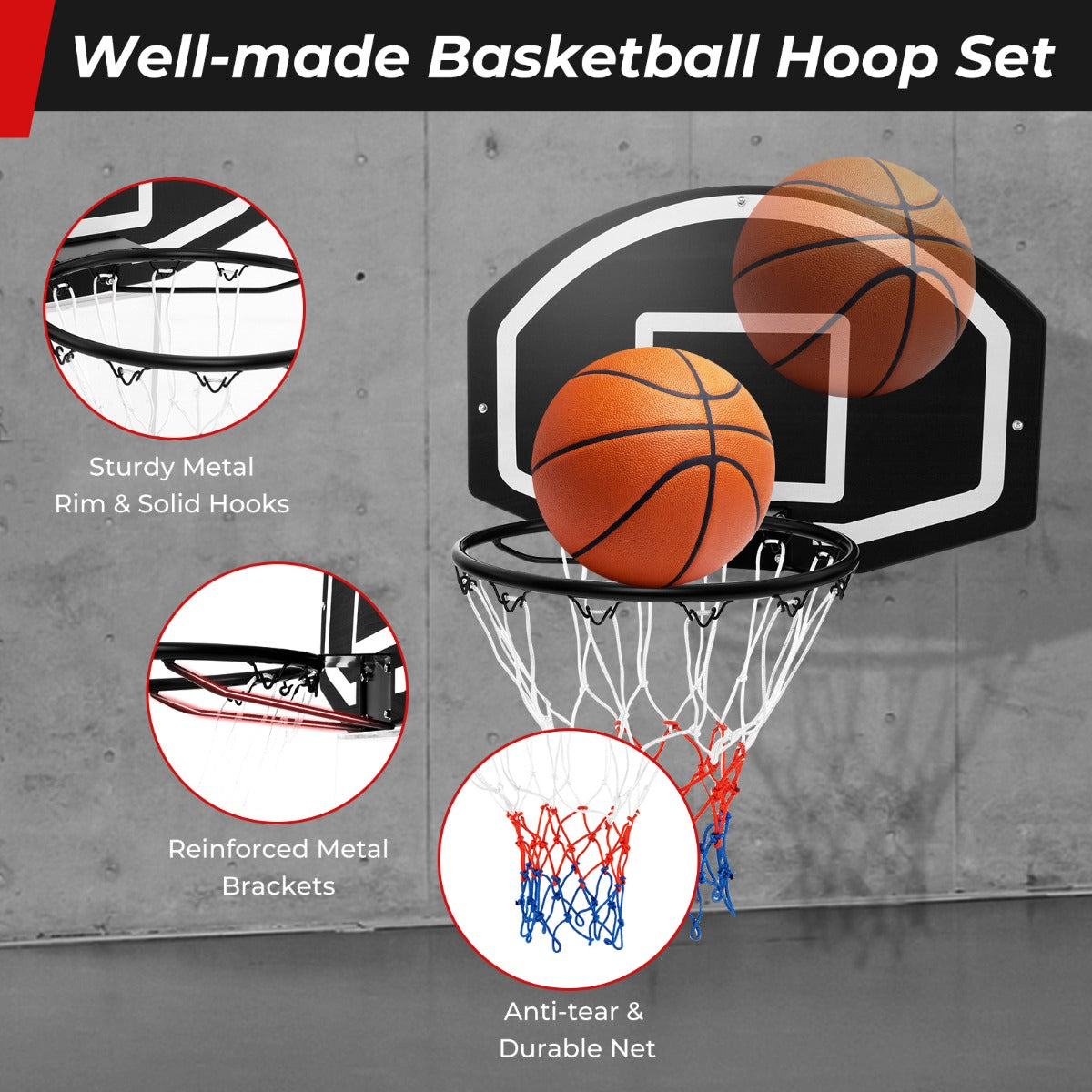 Compact basketball hoop can be mounted in a home, backyard, poolside, office, or playroom