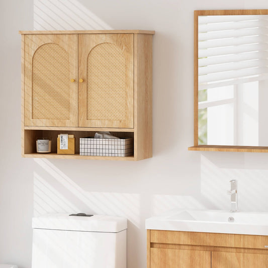 Costway Wall Mounted Bathroom Cabinet with 2 Rattan Doors Over The Toilet Cabinet-Natural