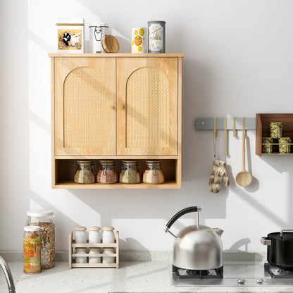 Soft-close hinges and golden metal knobs provide smooth, quiet, and convenient cabinet operation