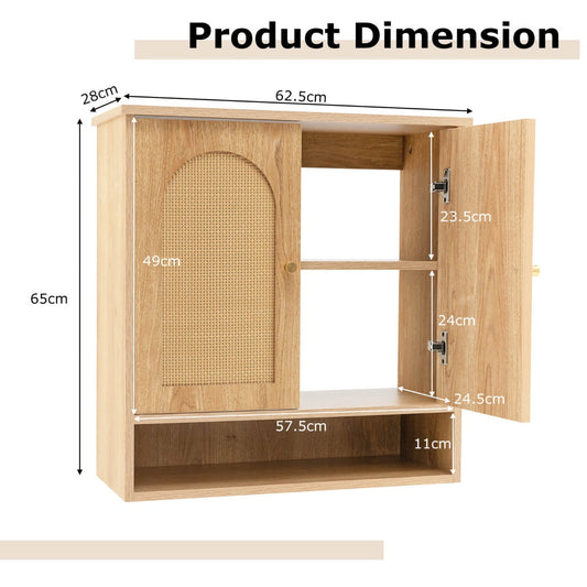 Rustic wall-mounted bathroom cabinet with rattan double doors and three-tier storage space