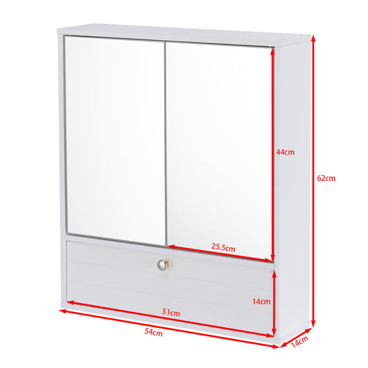 White wall-mounted mirror cabinet combines a practical makeup mirror with hidden storage space