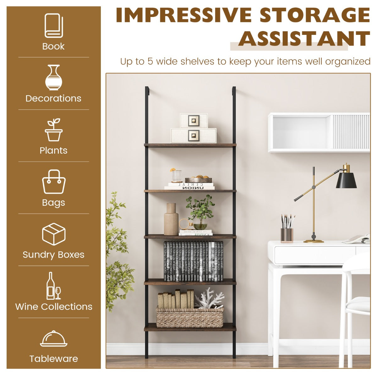 Costway Wall Mounted Display Rack Bookshelf for Office-Brown