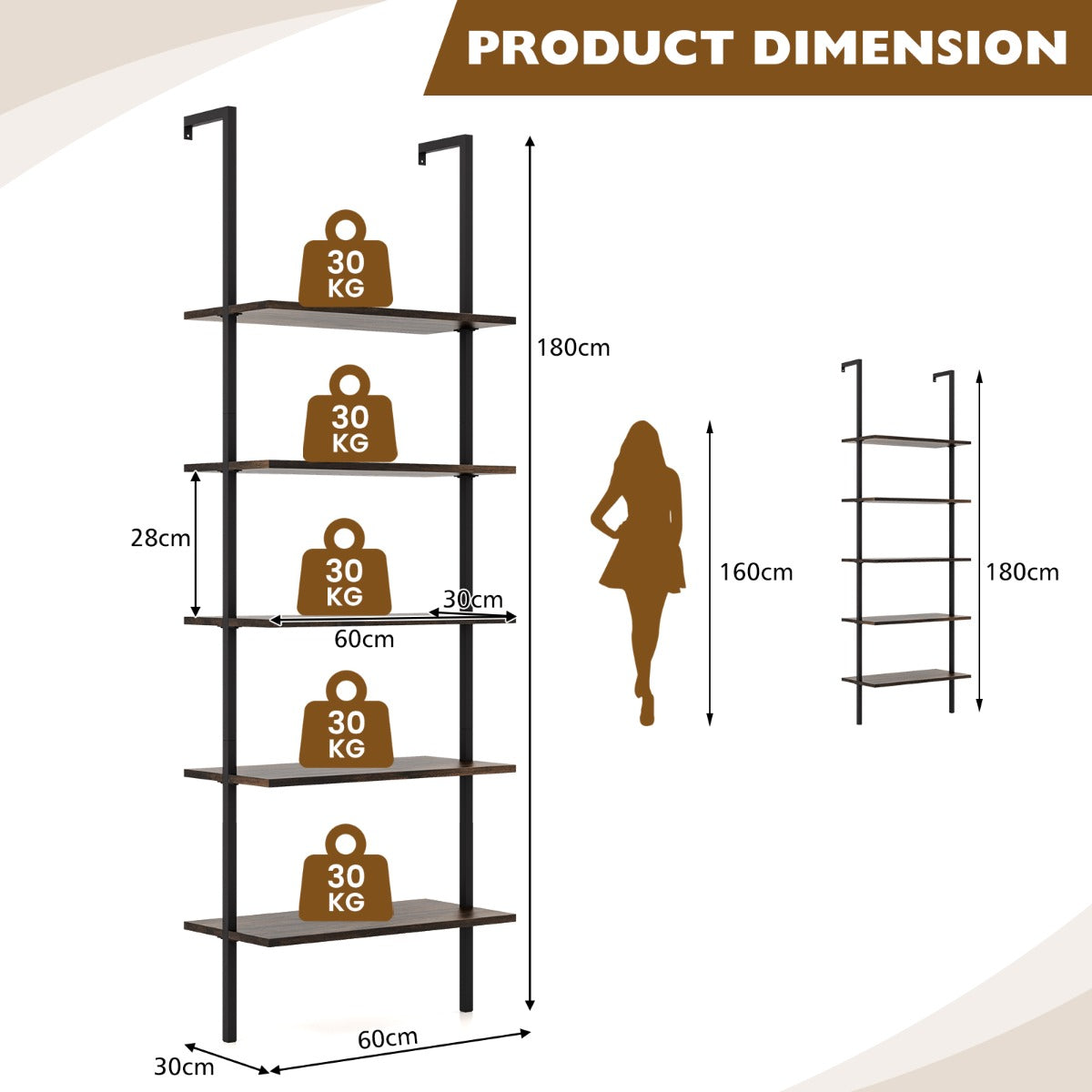 Costway Wall Mounted Display Rack Bookshelf for Office-Brown
