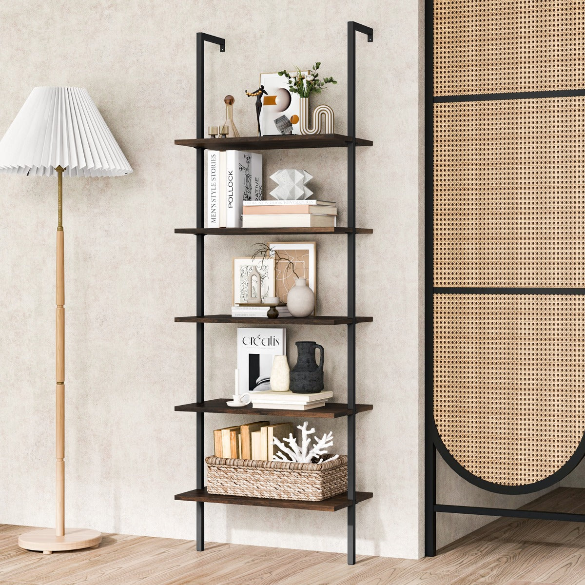 Costway Wall Mounted Display Rack Bookshelf for Office-Brown