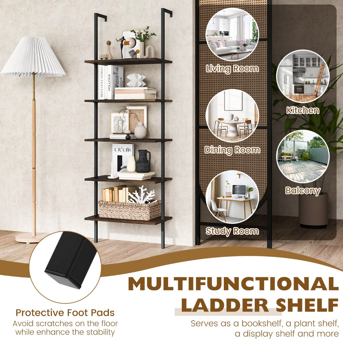 Costway Wall Mounted Display Rack Bookshelf for Office-Brown