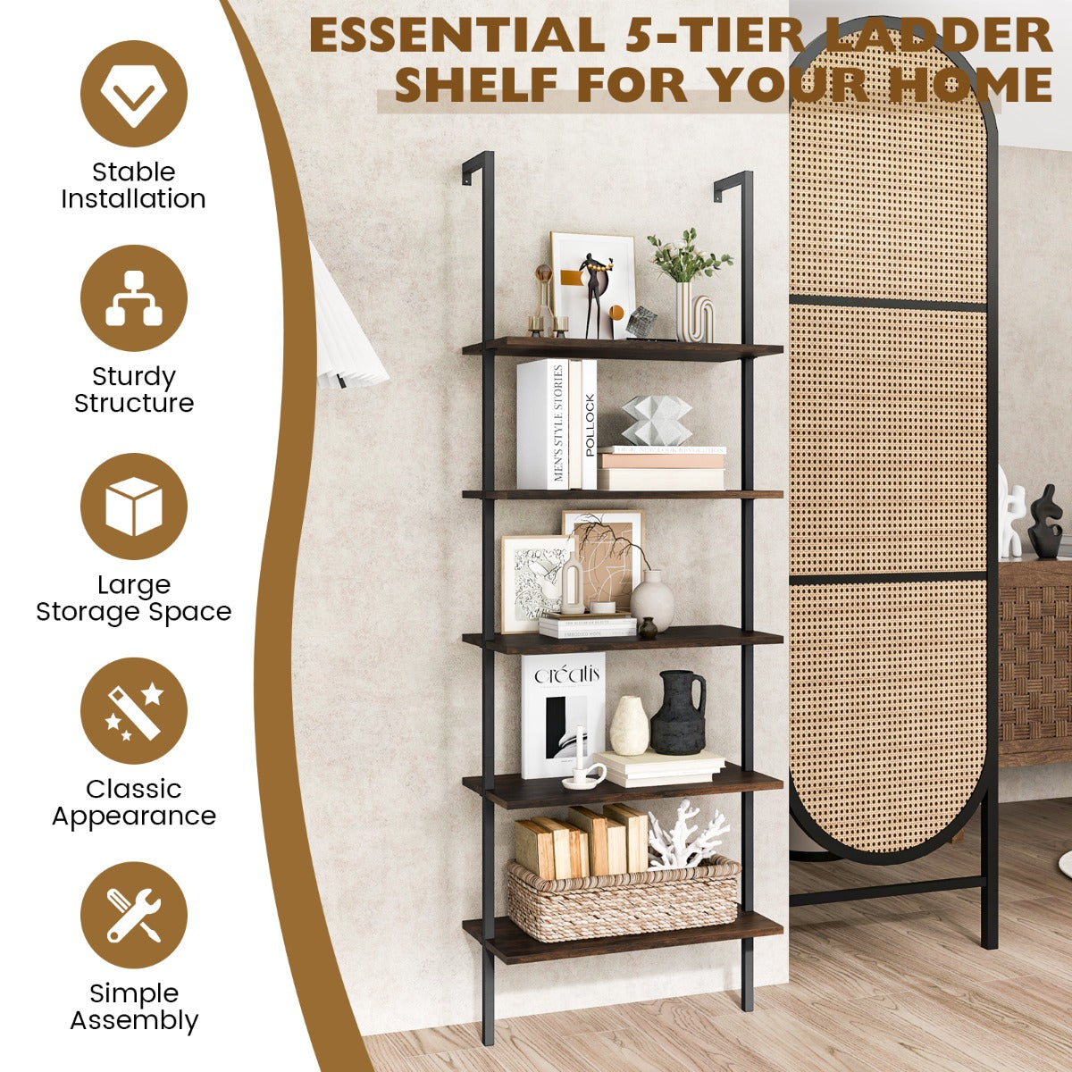 Costway Wall Mounted Display Rack Bookshelf for Office-Brown